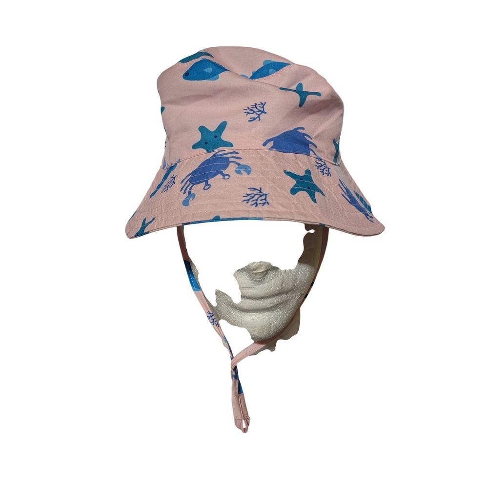 Kids Pink Blue Sea Life Marine Print Bucket Sun‎ Hat with Chin Strap Toggle